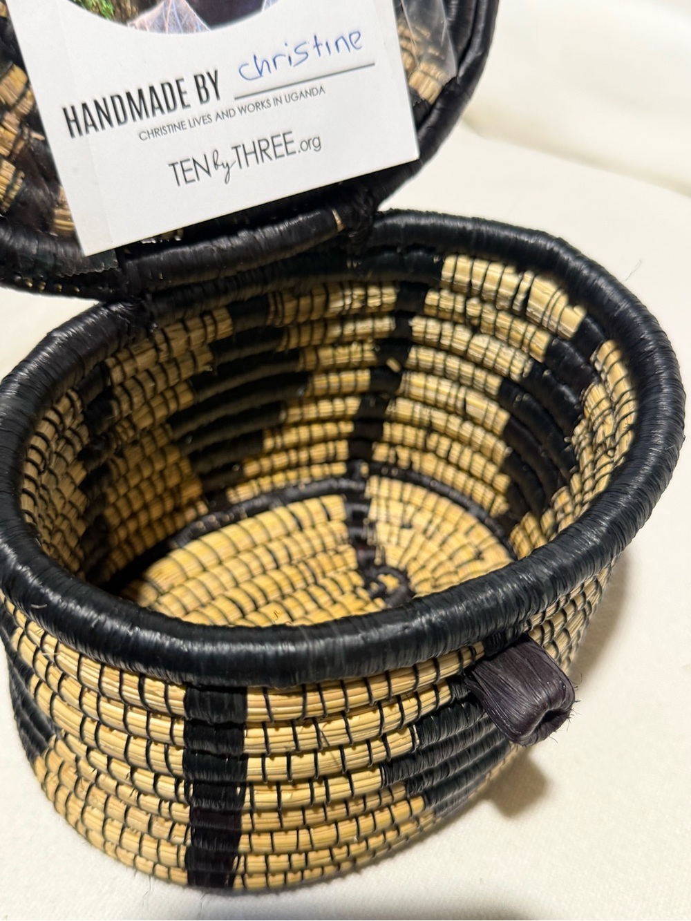 Handwoven Ugandan Lidded Coil Seagrass Basket- Black & Natural
